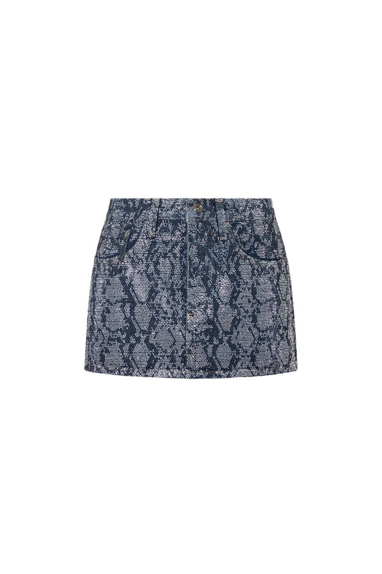 Liu Jo X Capsule 1 Elodie Blue Snake-Print Studded Denim Mini Skirt