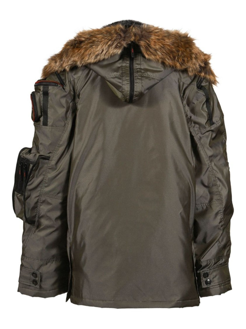 Martine Rose Double-Breasted Nylon Jacket With Fur-Trimmed Hood