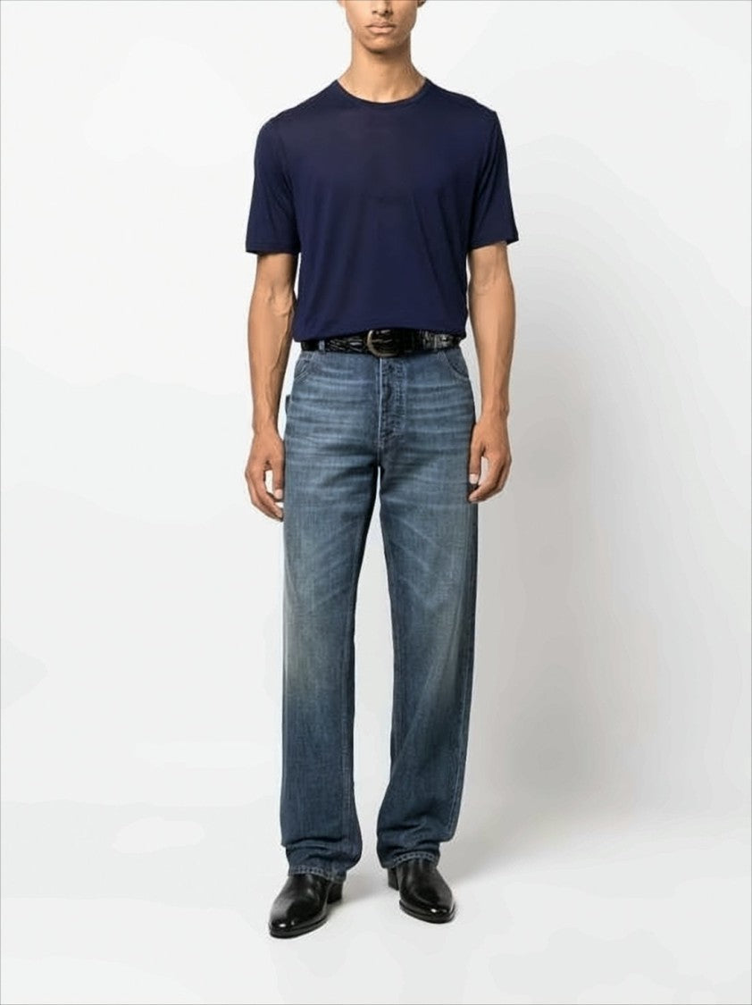 Saint Laurent Embroidered Logo Blue Rayon T-Shirt