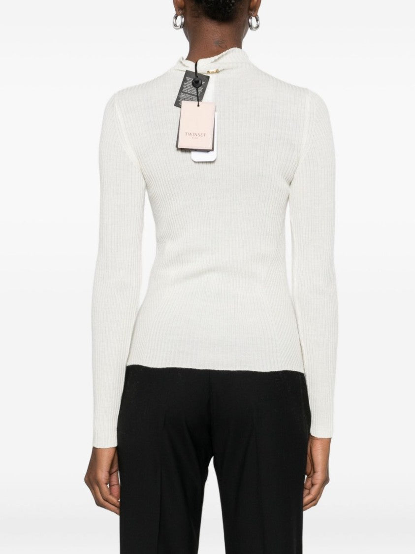 Twin-Set Ribbed Wool Sweater With High Neckline