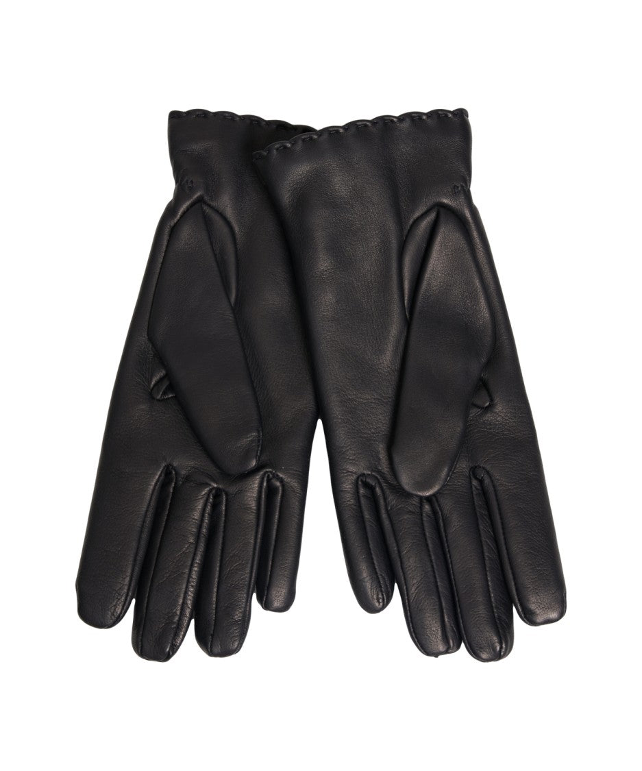 Orciani Black Leather Gloves With Gathered Cuff And Metal Logo