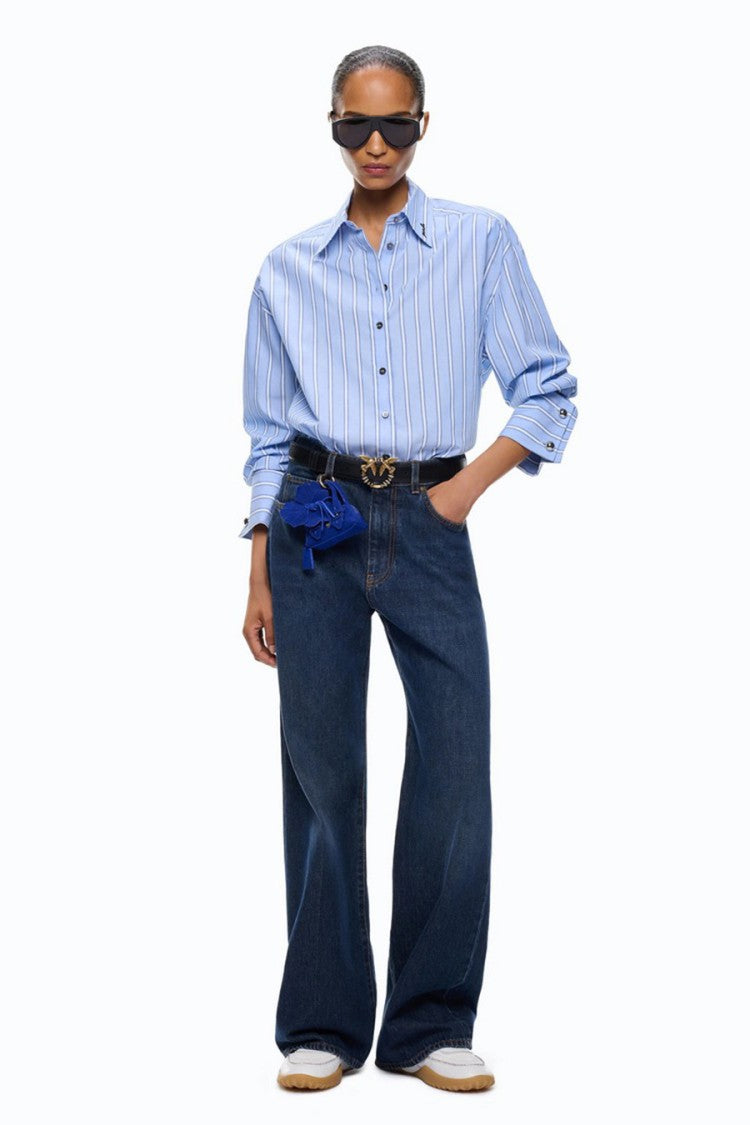 Pinko Blue Cotton Wide-Leg Cropped Jeans