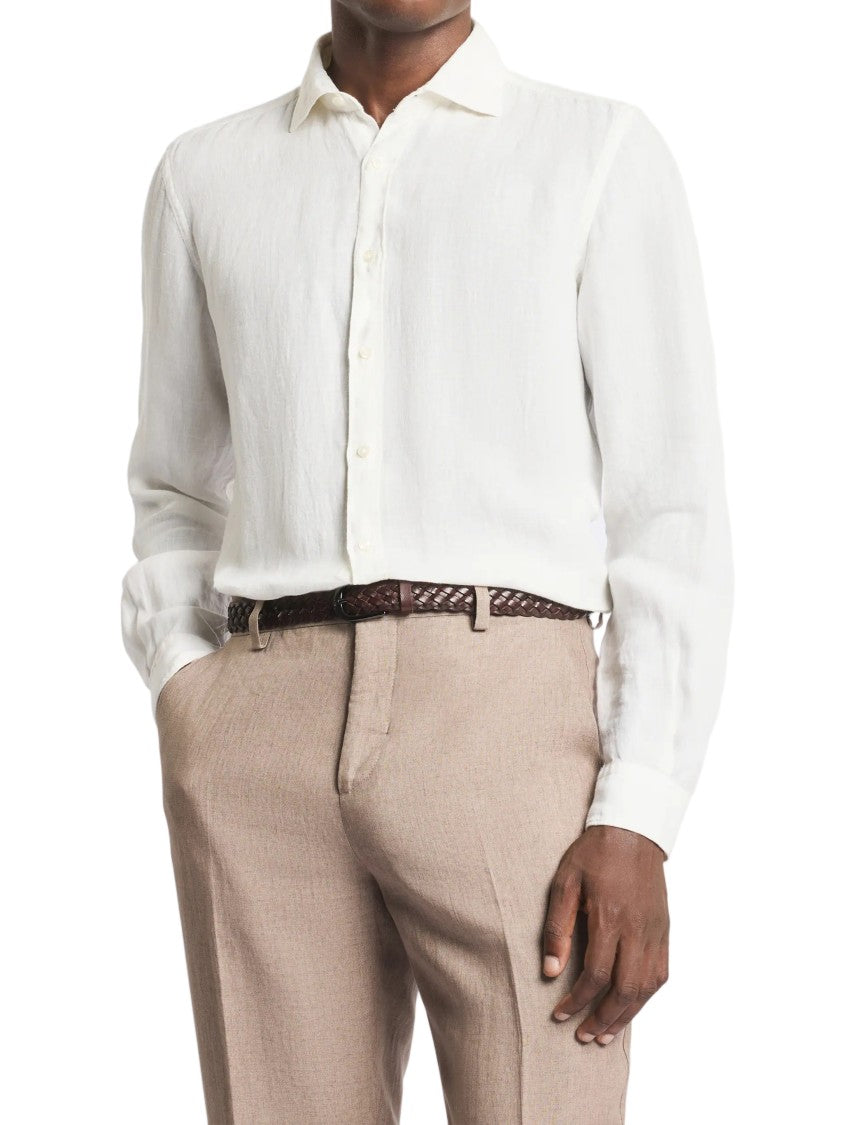 Fay White Long-Sleeve Button-Down Textured Shirt