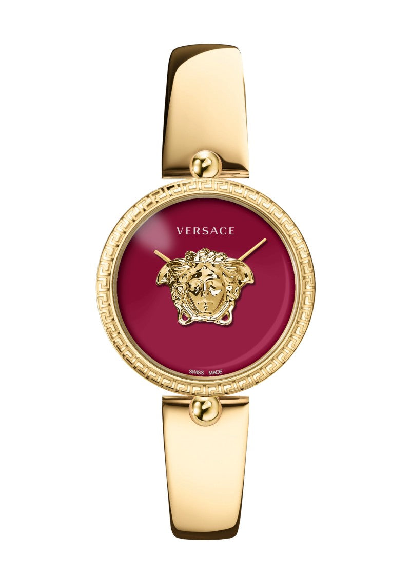 Versace 39Mm Gold-Tone Stainless Steel Watch With Red Medusa Dial