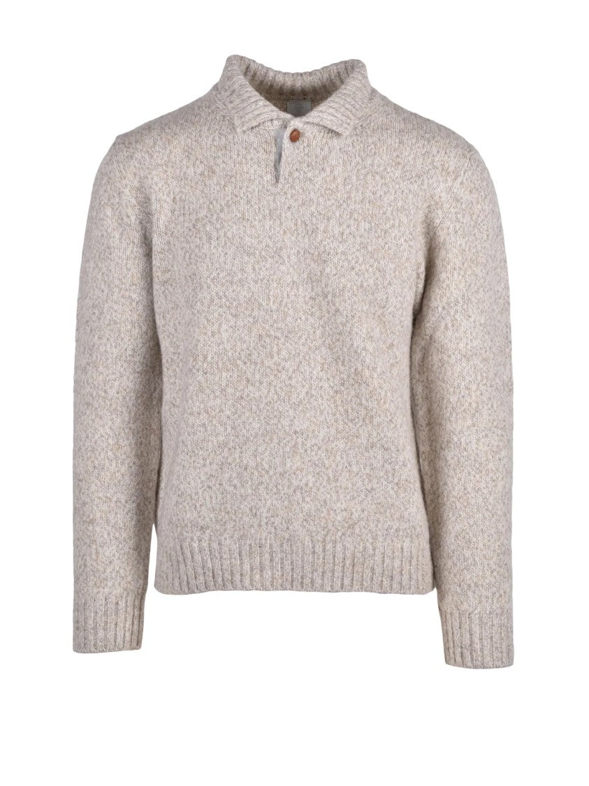 Eleventy Buttoned Wool Sweater With Collar In Warm Beige