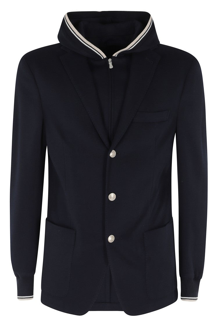 Eleventy Blue Single-Breasted Removable-Hood Cotton Blazer