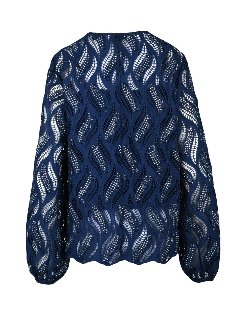 Essentiel Antwerp Blue Eyelet Puff Sleeves Camisole Polyester Blouse