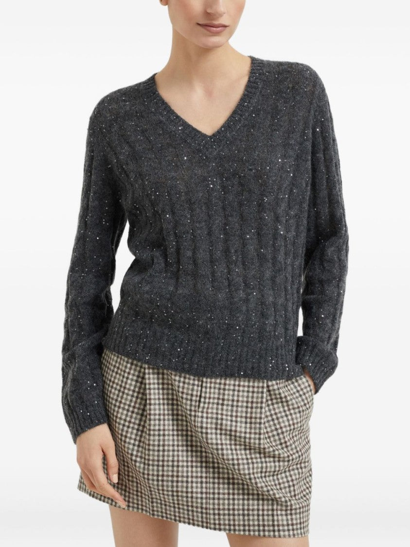 Brunello Cucinelli Textured Grey Knit Sweater With V-Neckline