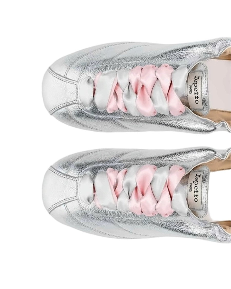 Repetto Metallic Silver Leather Sneakers With Satin Laces