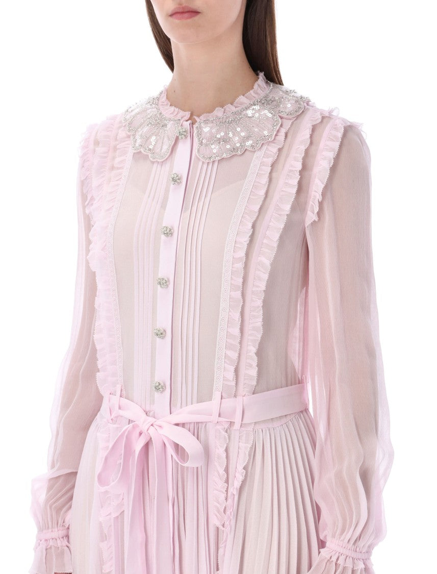 Self-Portrait Pleated Georgette Shimmer Collar Midi Dress