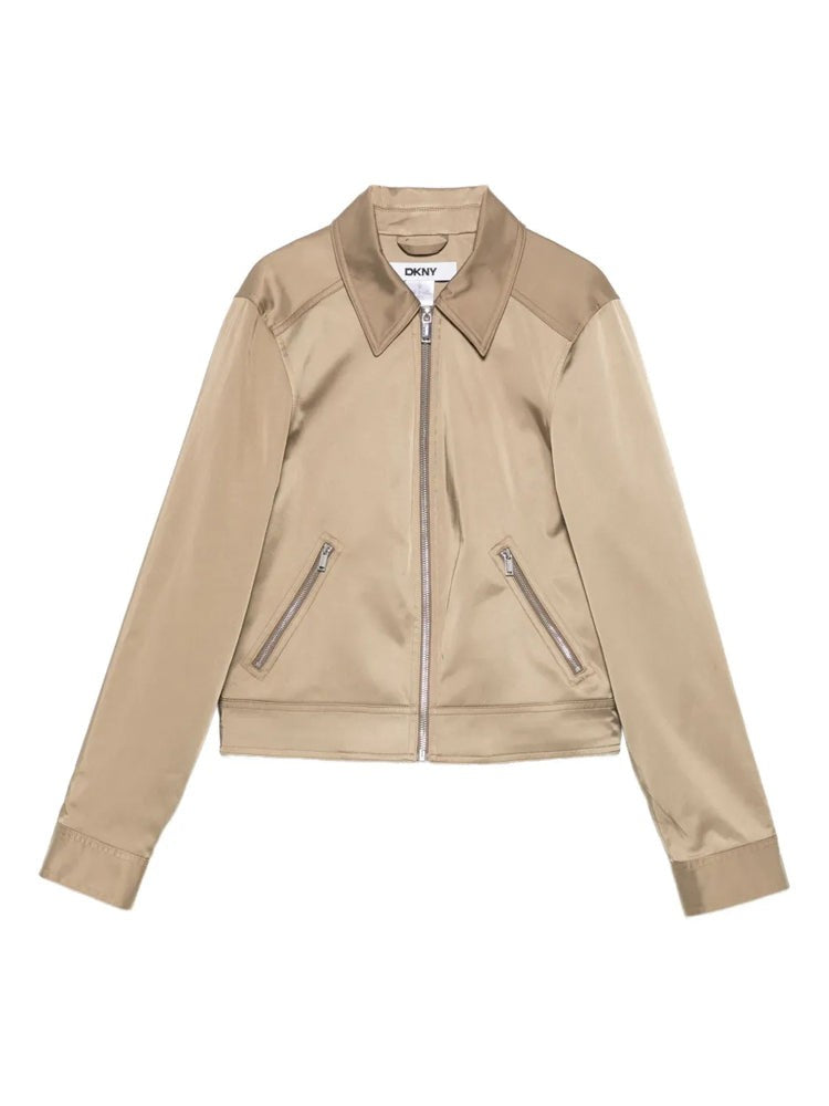 Dkny Structured Beige Sateen Trucker Jacket With Classic Details