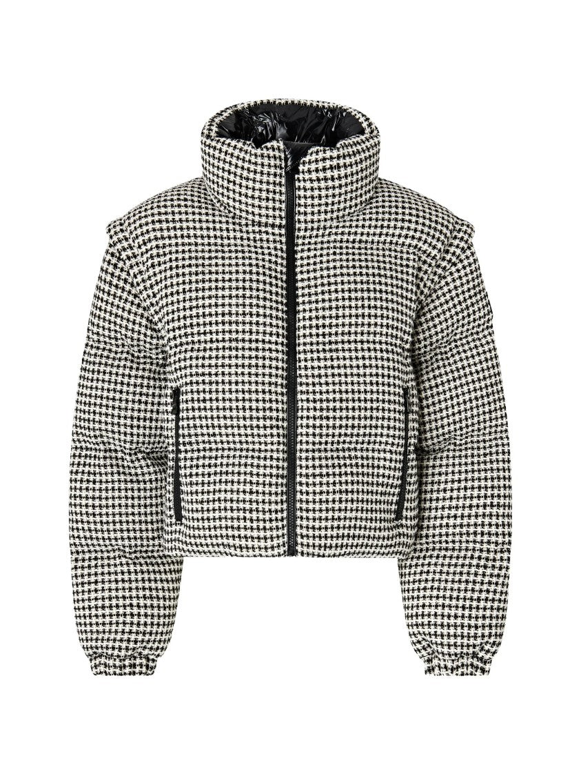 Pinko Cropped Houndstooth Tweed Jacket With Glossy Quilted Detailing