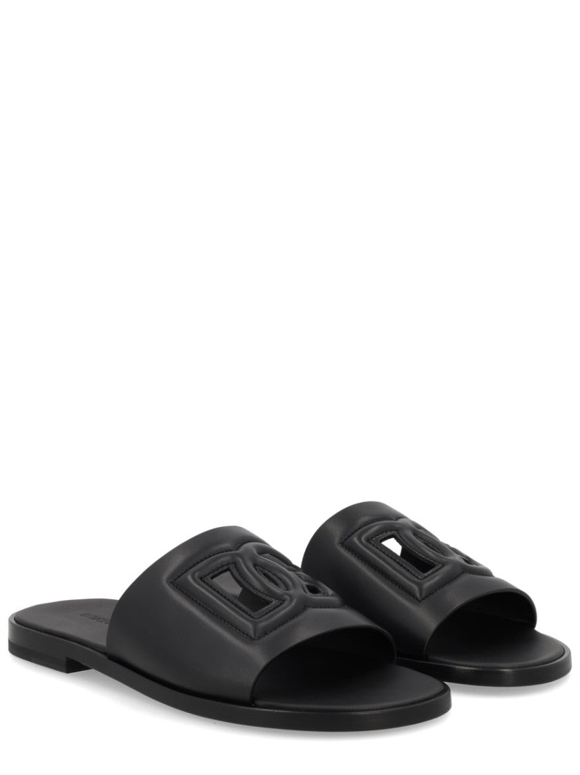 Dolce & Gabbana Raised Logo Leather Flat Slides