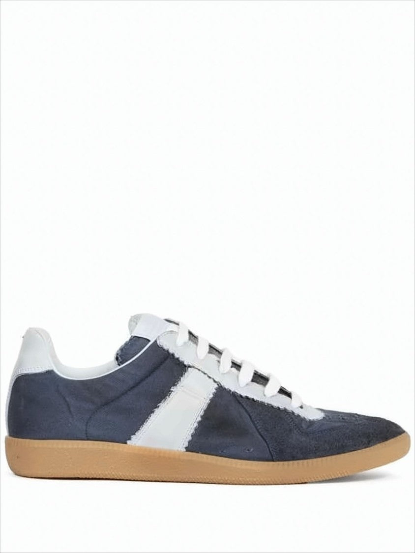 Maison Margiela Low-Top Navy Blue Suede Sneakers With White Leather Accents