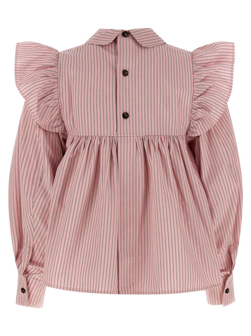 Ganni Oxford Striped Blouse With Ruffled Shoulders And Back Button Closure