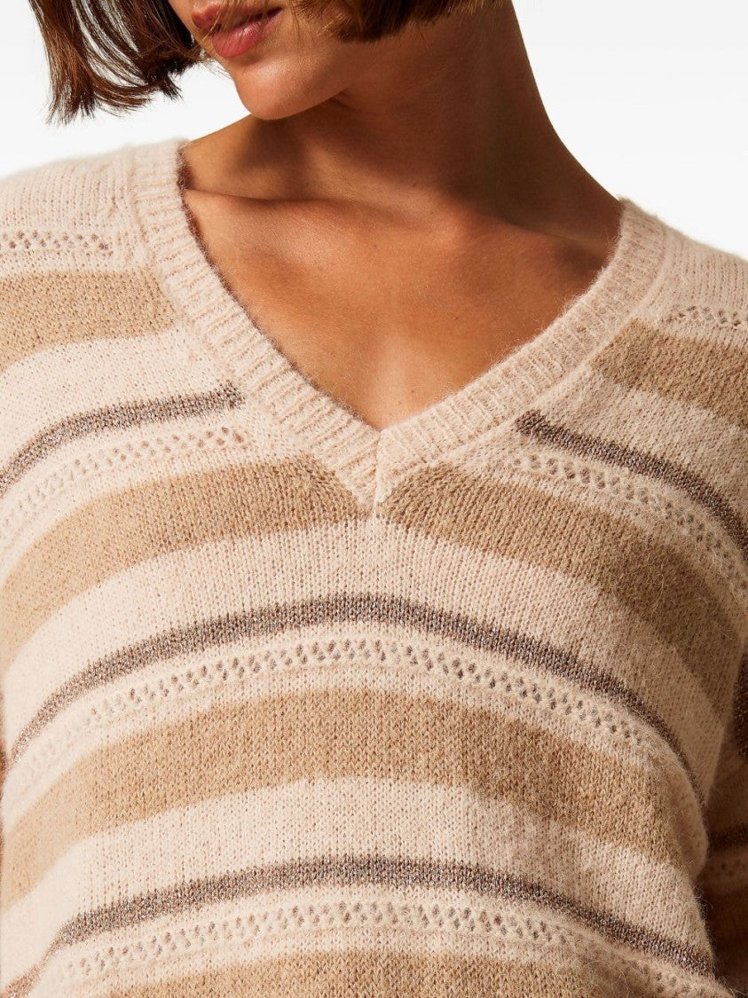 Twin-Set Fuzzy Striped Knit Sweater With V-Neckline