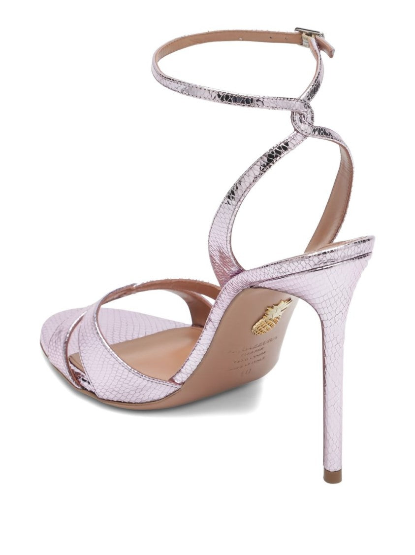 Aquazzura Metallic Snakeskin High-Heeled Sandals With Crisscrossing Straps