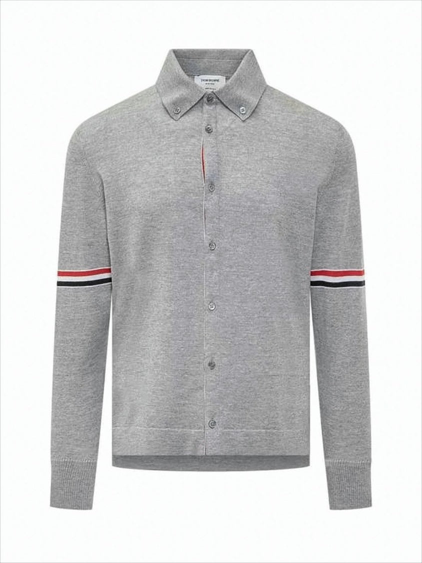 Thom Browne Button-Up Cardigan In Soft Grey With Striped Accents