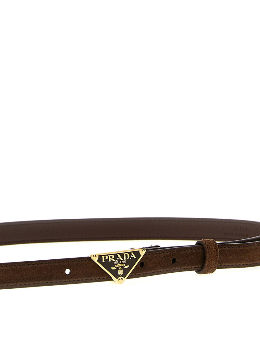 Prada Slim Suede Belt With Triangle Logo Buckle