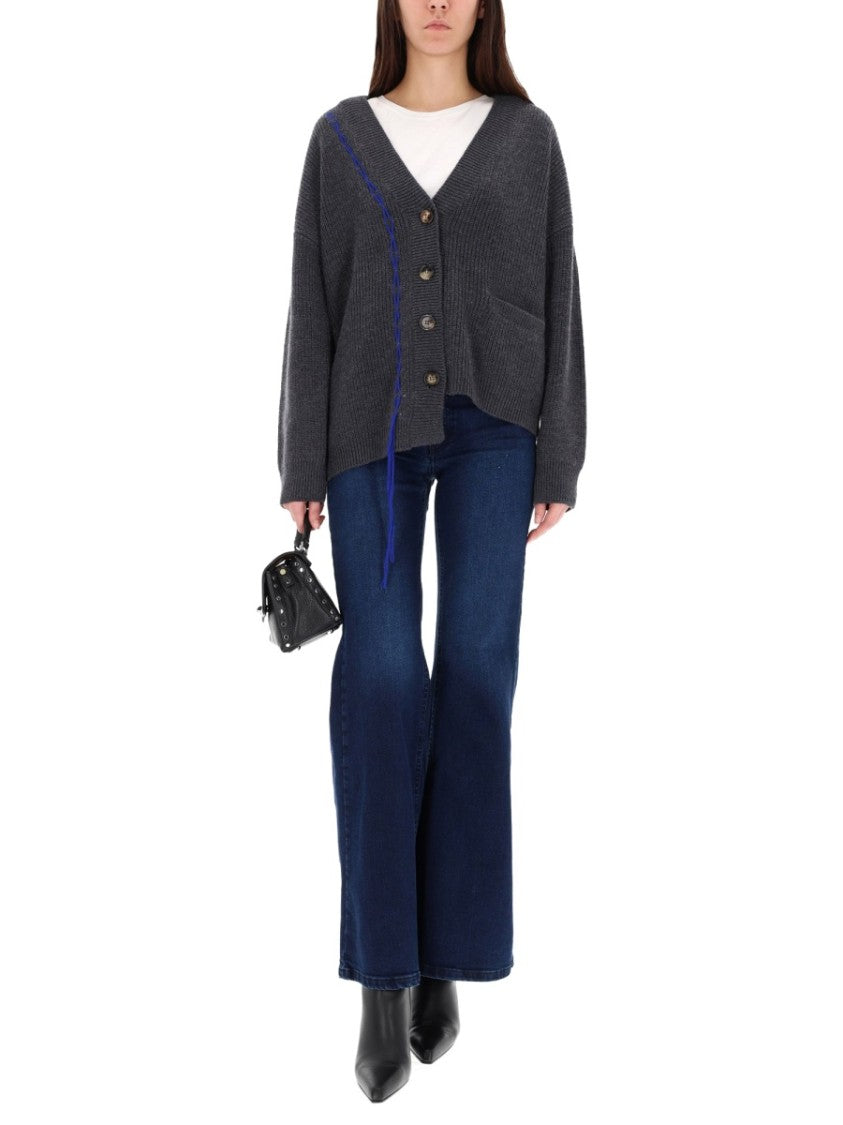 Zona20 Milano Charcoal V-Neck Cardigan In Ribbed Merino Wool