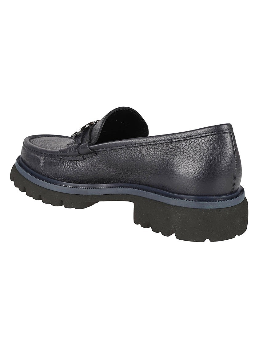 Ferragamo Textured Leather Flat Shoes With Metal Detail
