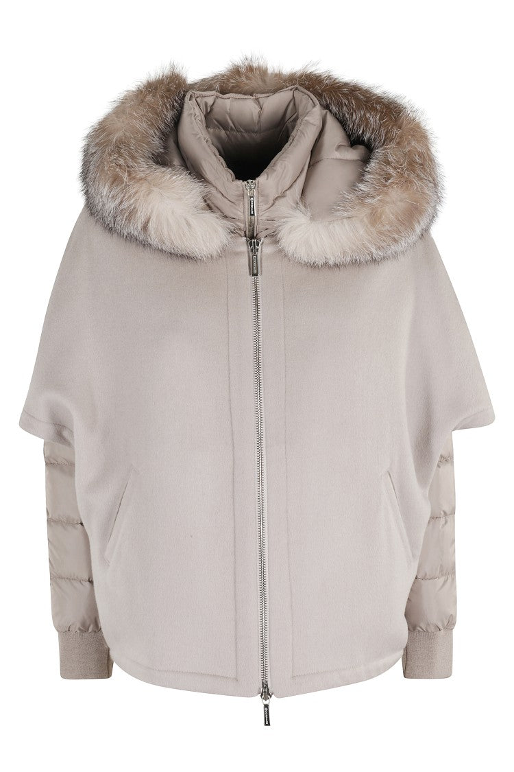 Moorer Almond Wool Cape Coat With Arctic Fox Fur Hood
