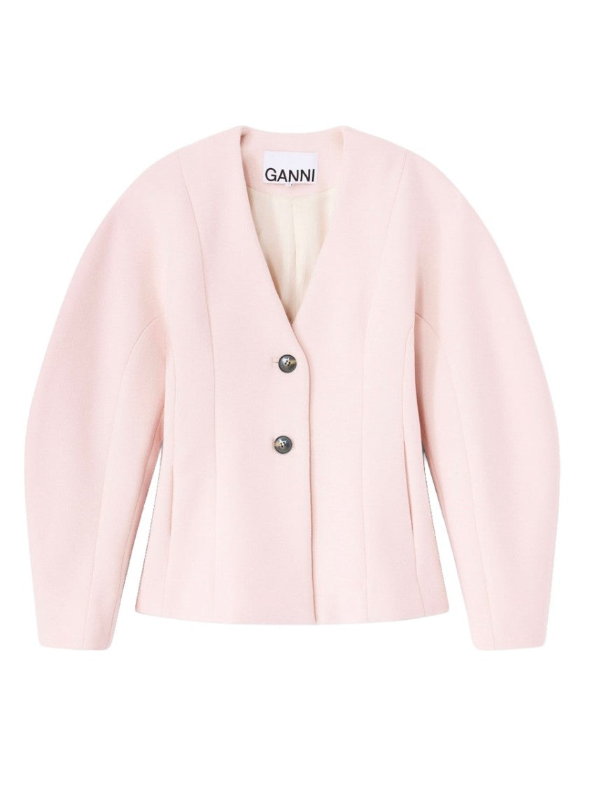 Ganni Neutral V-Neck Tailored Puffed Blazer
