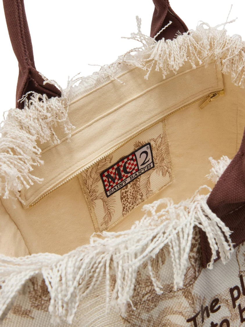 Mc2 Saint Barth Jungle-Inspired Cotton Shoulder Bag With Fringed Edges
