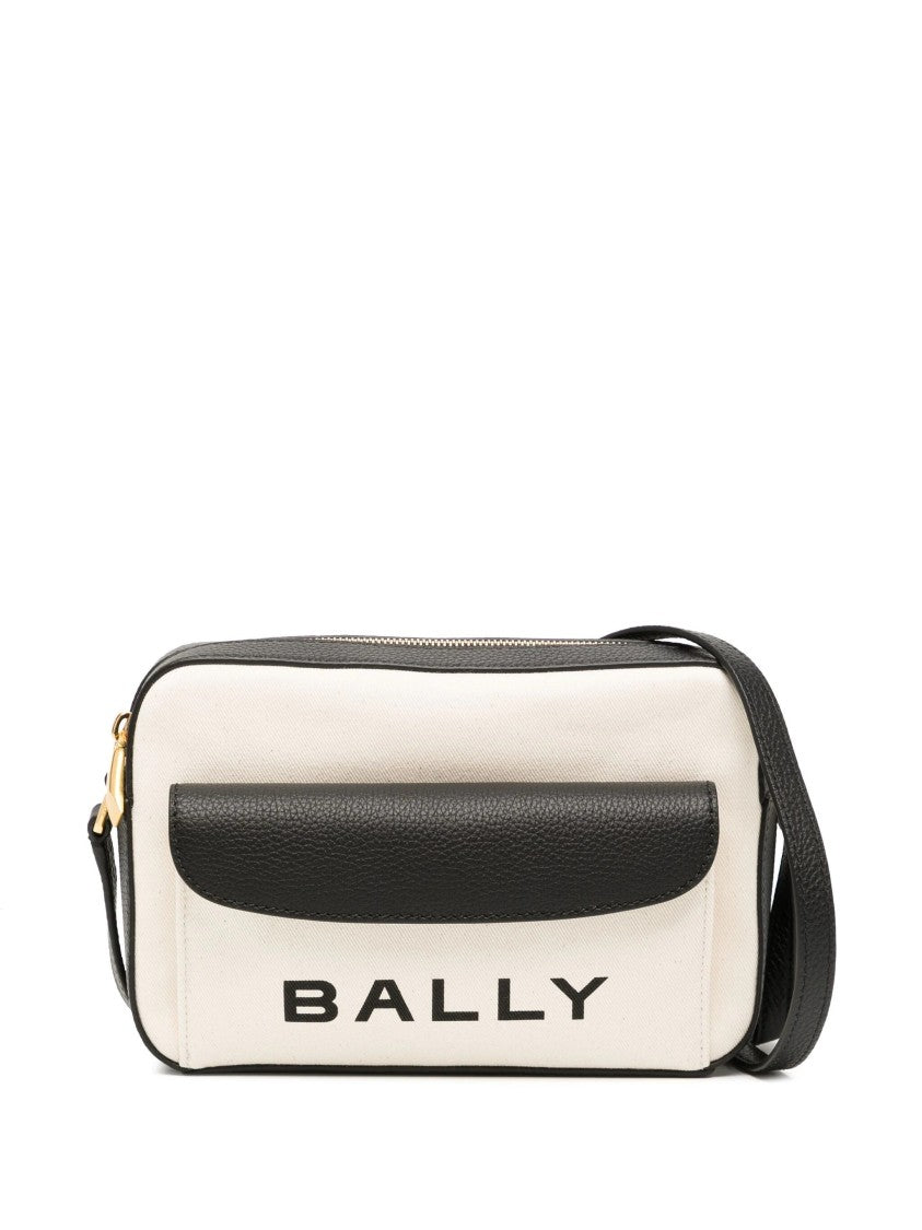 Bally Rectangular Beige Canvas Crossbody Bag With Leather Accents