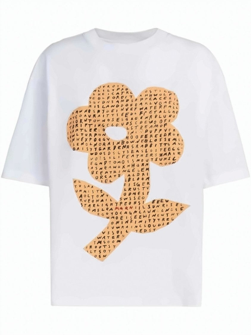 Marni Relaxed Fit White T-Shirt With Stylized Floral Graphic