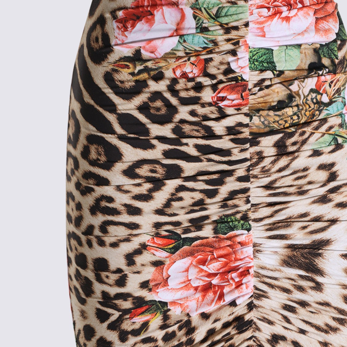 Roberto Cavalli Leopard Print Maxi Dress With Floral Accents And Ruched Detailing