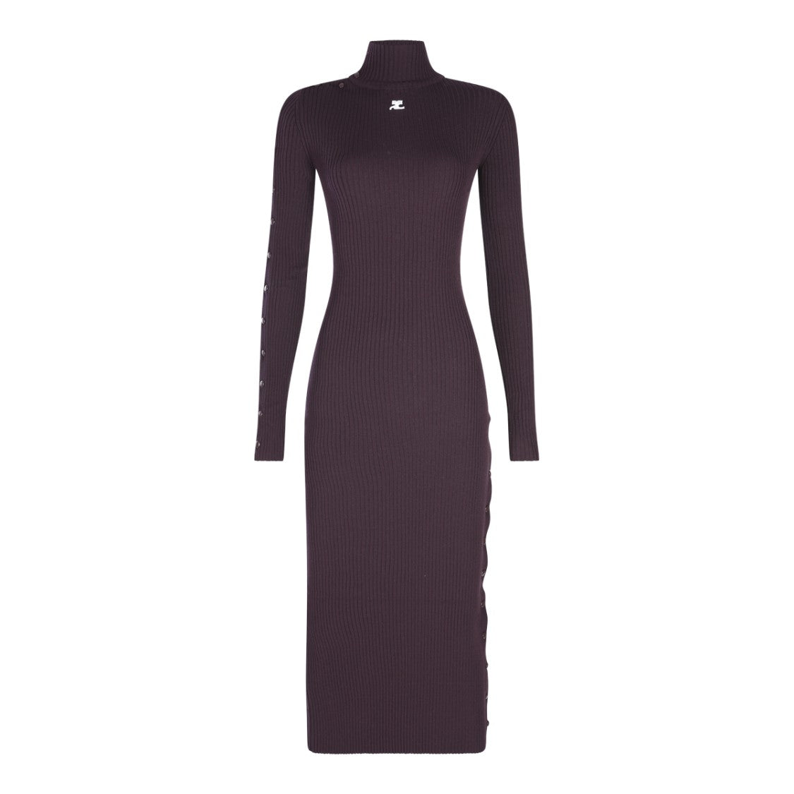 Courrèges Burgundy Ribbed Long-Sleeve Dress With High Collar
