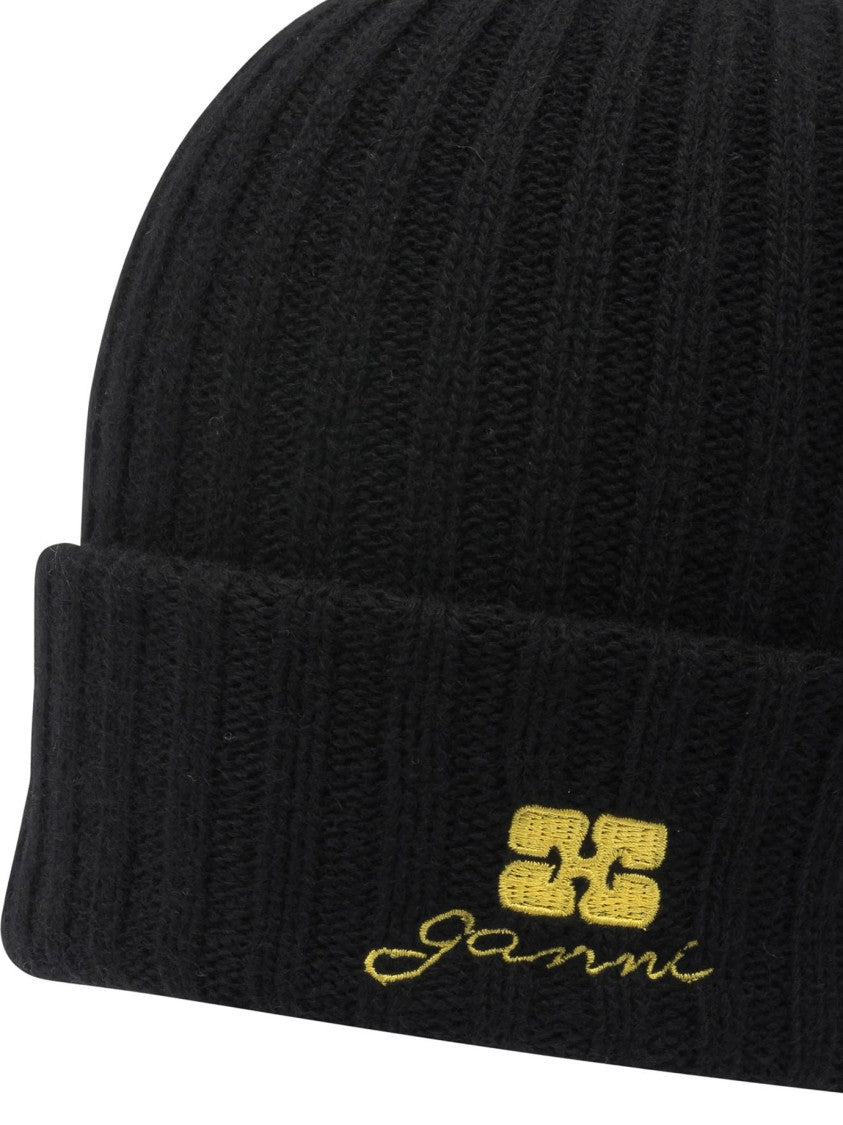 Ganni Ribbed Knit Wool Blend Beanie With Contrasting Logo