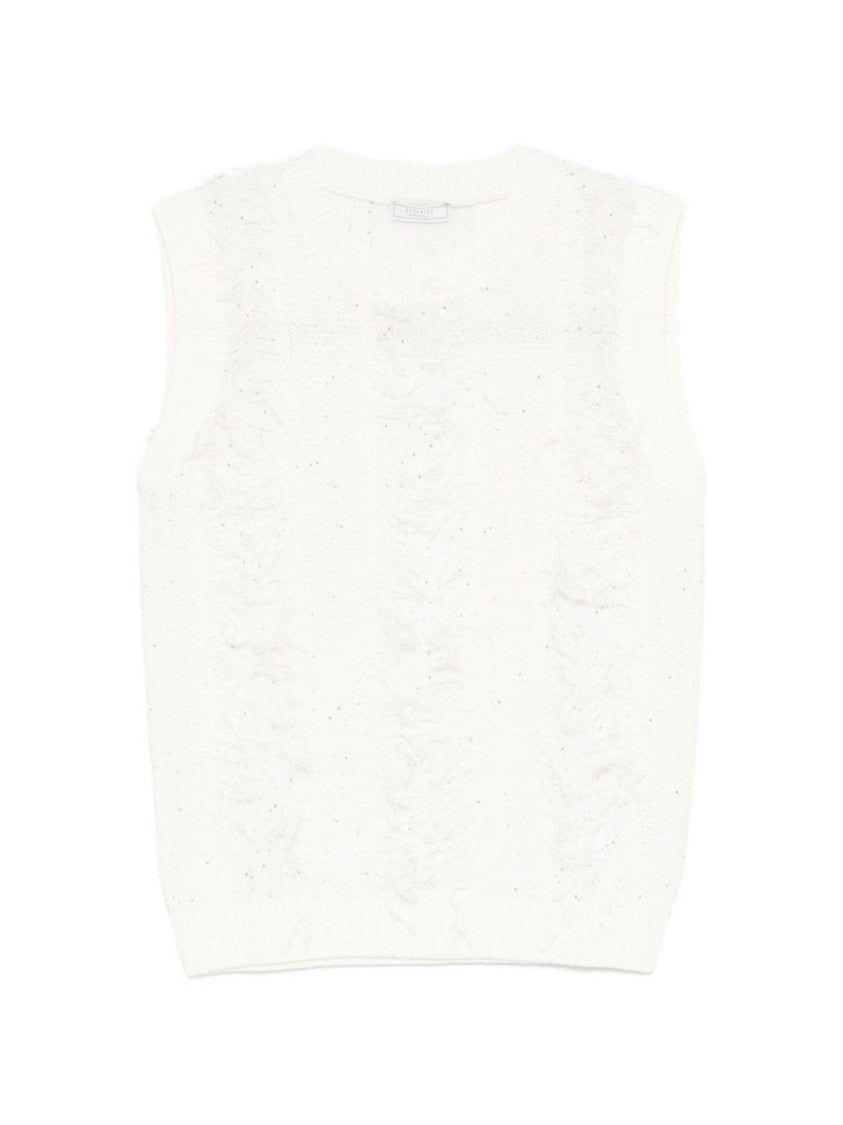 Peserico Textured Knit Sleeveless White Sweater With Fringed Stripes