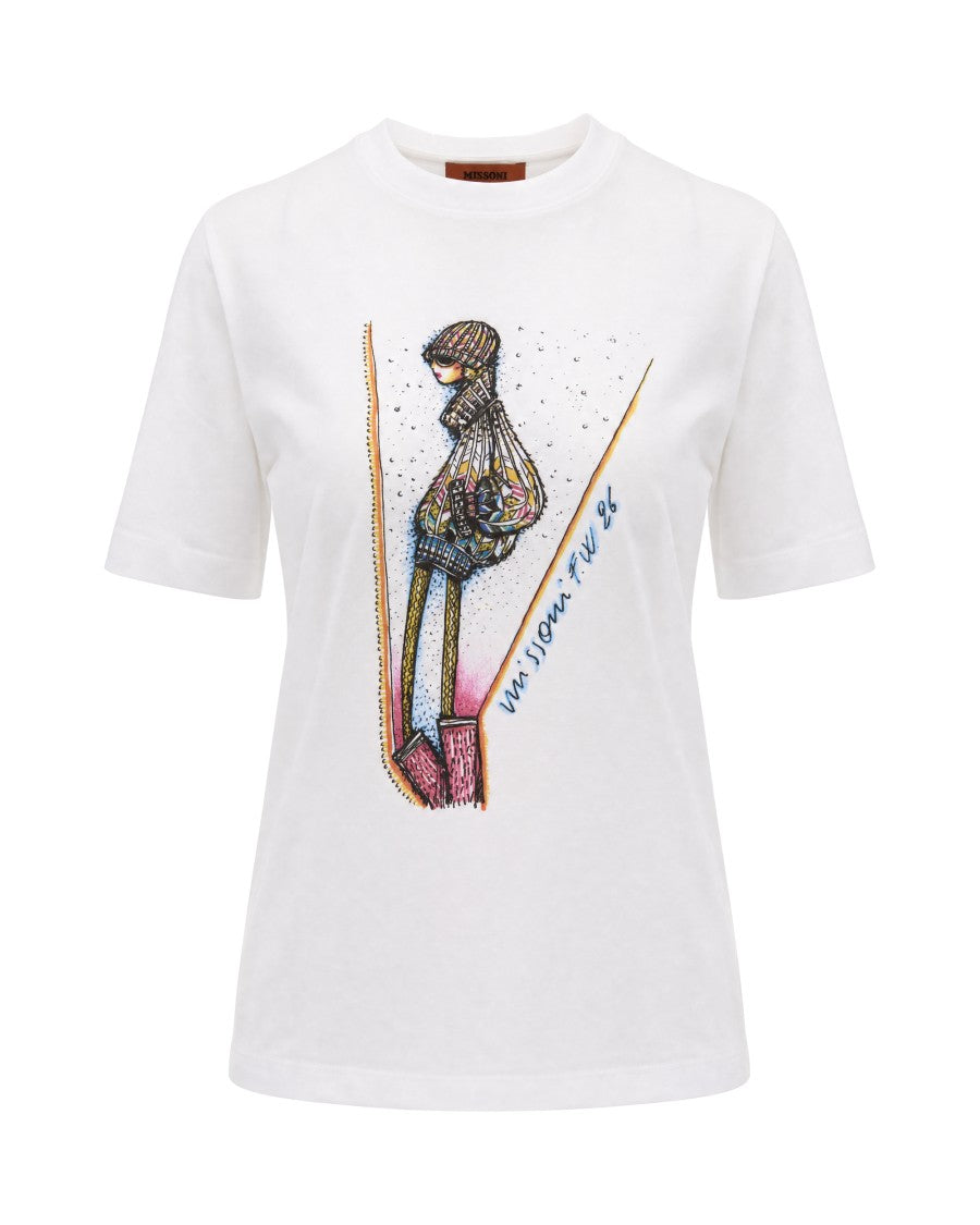 Missoni Ribbed Crew Neck Colorful Illustrated Print Cotton T-Shirt