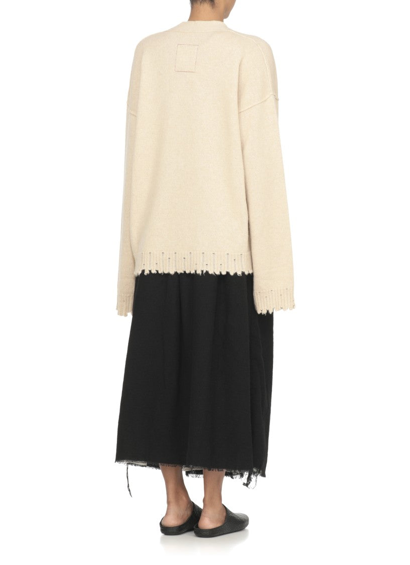 Uma Wang Beige Cashmere Cardigan With V-Neck And Ribbed Trims