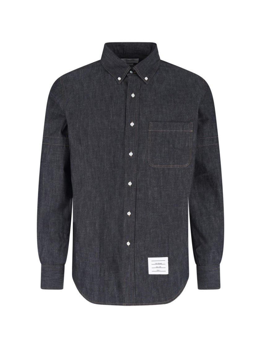 Thom Browne Dark Blue Denim Shirt With Multicolor Tab Detail