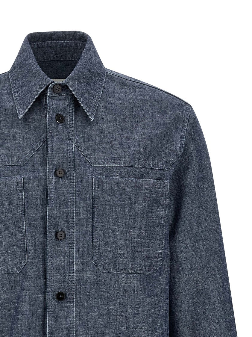 Jil Sander Blue Chambray Cotton Western Shirt With Cuffed Sleeves