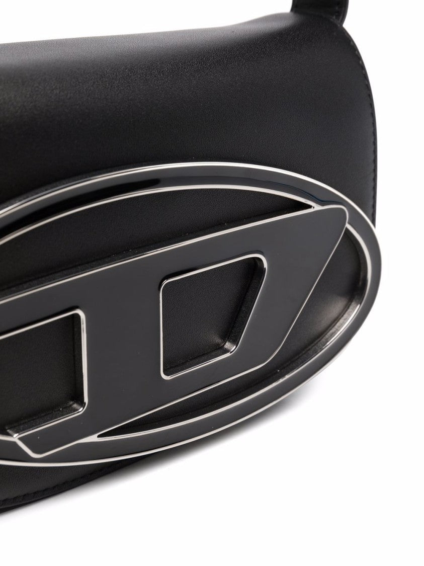Diesel Black Leather Foldover Logo Plaque Bag
