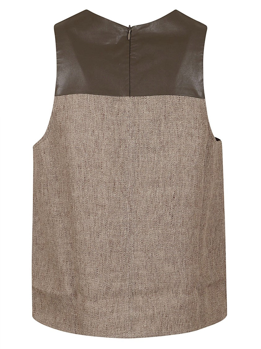 Emporio Armani Heavy Linen Canvas Sleeveless Top With Faux Leather Detail
