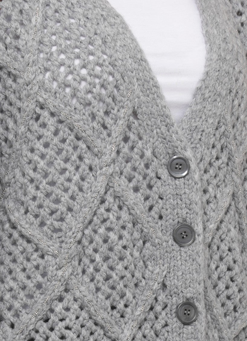 Peserico Perforated Grey Wool Cardigan With Silver Bead Accents
