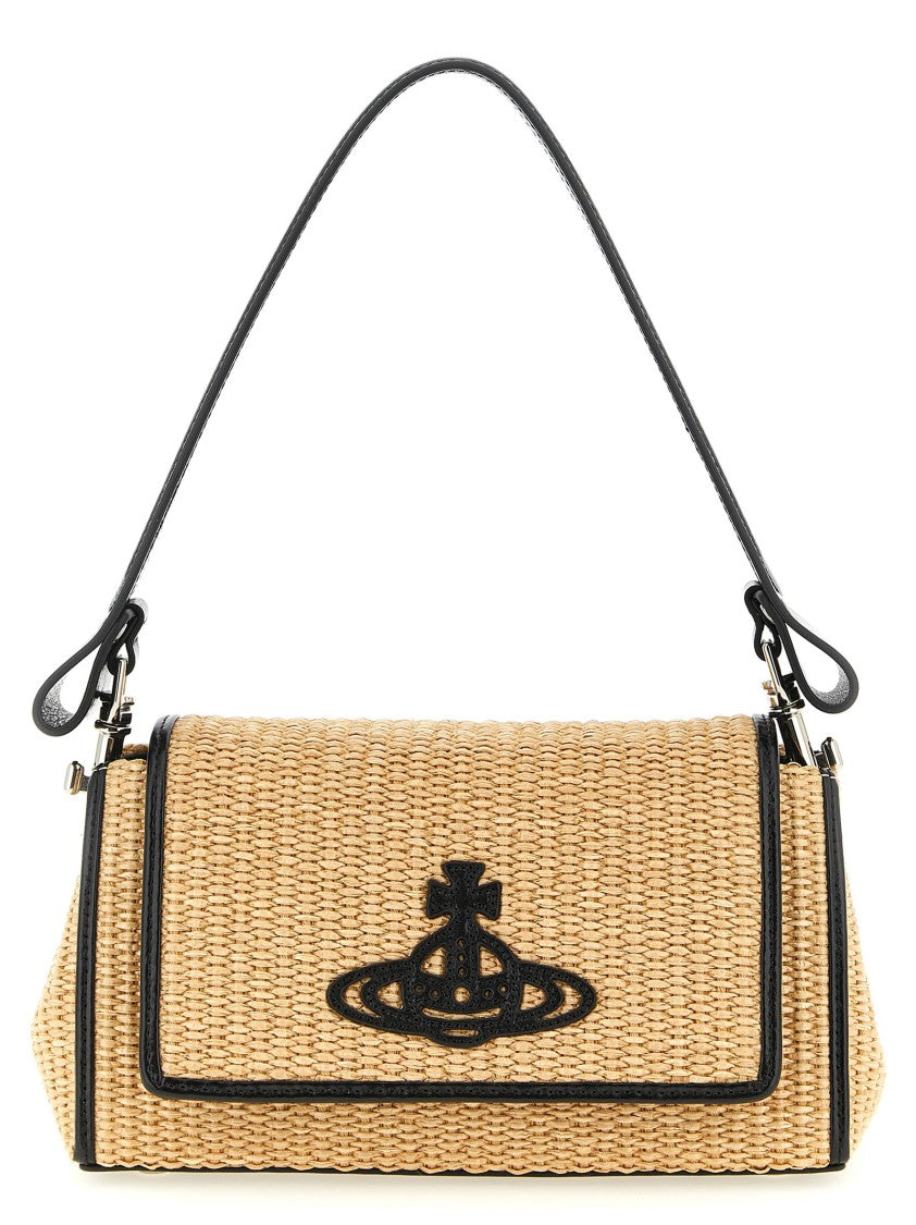 Vivienne Westwood Medium Woven Raffia Shoulder Bag With Leather Accents And Distinctive Logo Patch