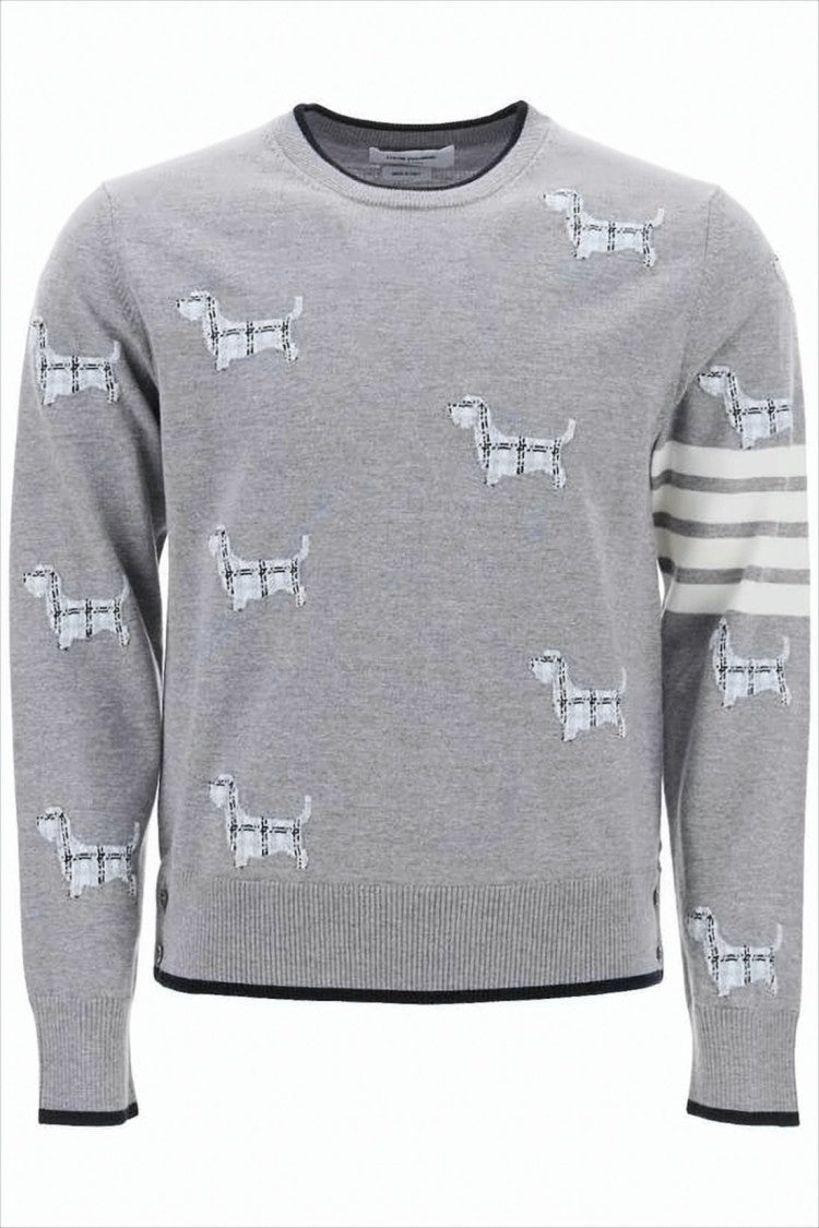 Thom Browne Grey Wool Sweater With Dog Motif And Signature Stripes