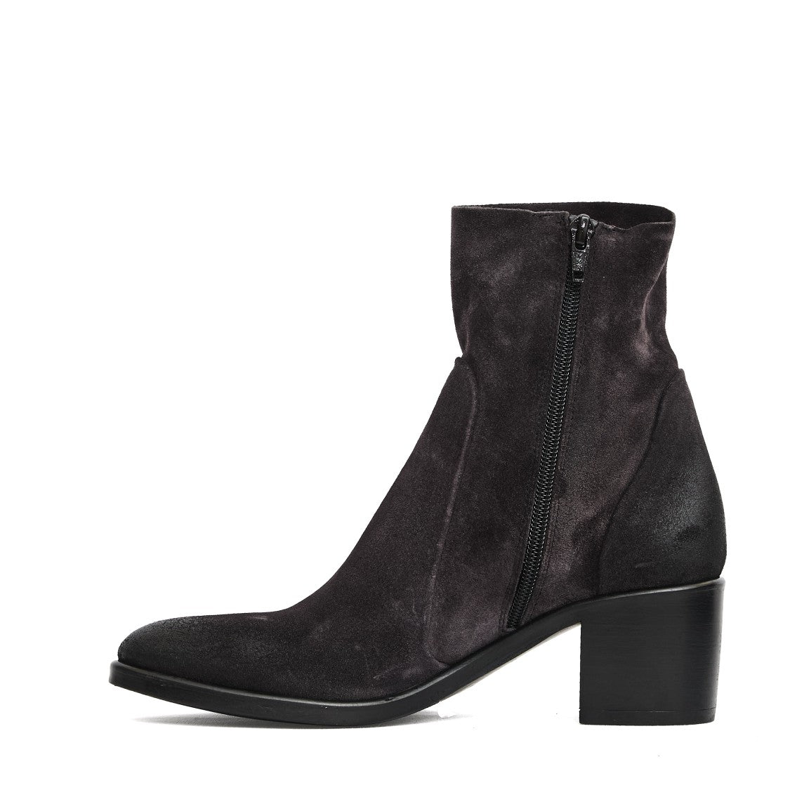 Strategia Refined Dark Grey Suede Ankle Boots With Side Zipper And Block Heel