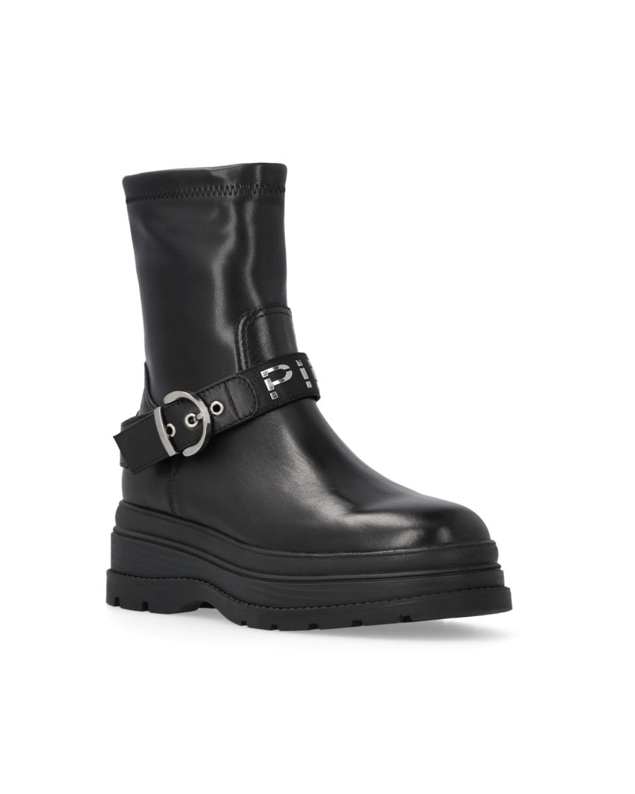 Pinko Black Leather Eva 01 Buckle Boots