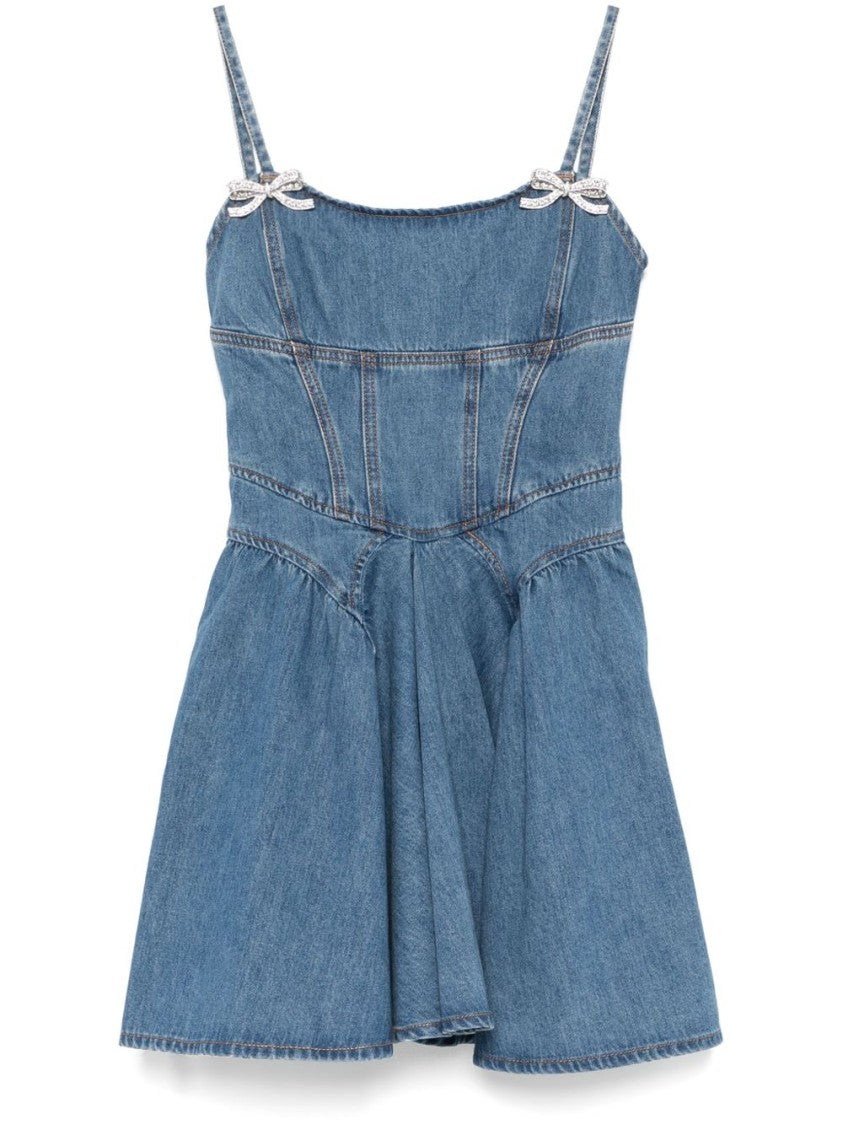 Self-Portrait Fitted Denim Dress With Flared Skirt And Bow Embellishments