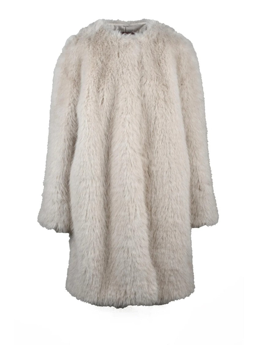 Max Mara Beige Polyester Lined Faux Fur Coat