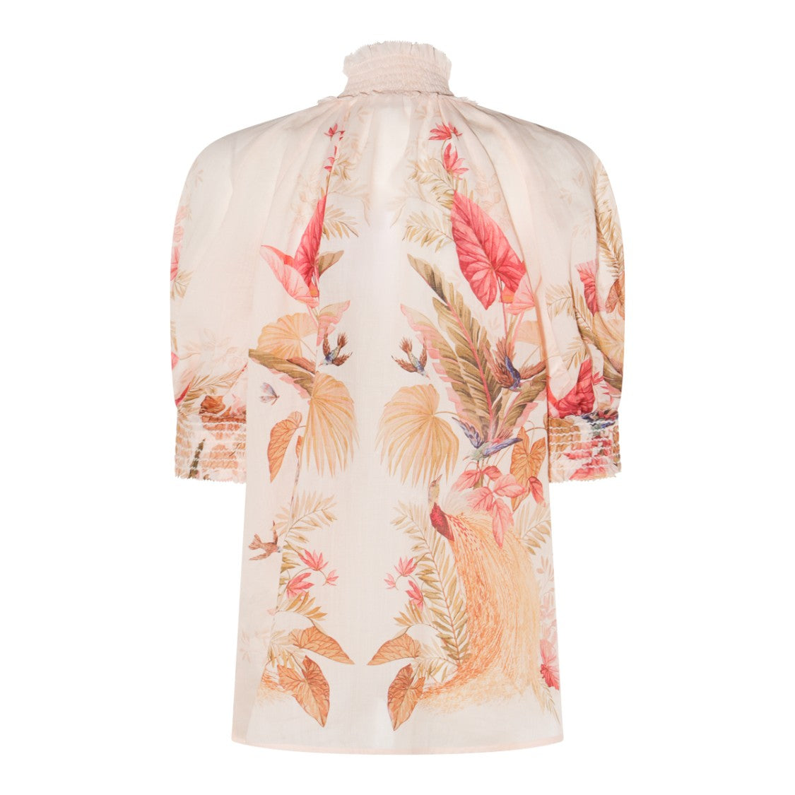 Zimmermann Ruffled High-Collar Cream Top With Floral Accents