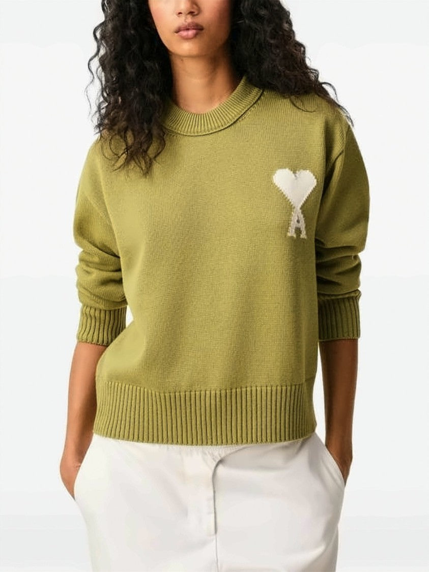 Ami Paris Heart-Motif Wool And Cotton Blend Crewneck Sweater