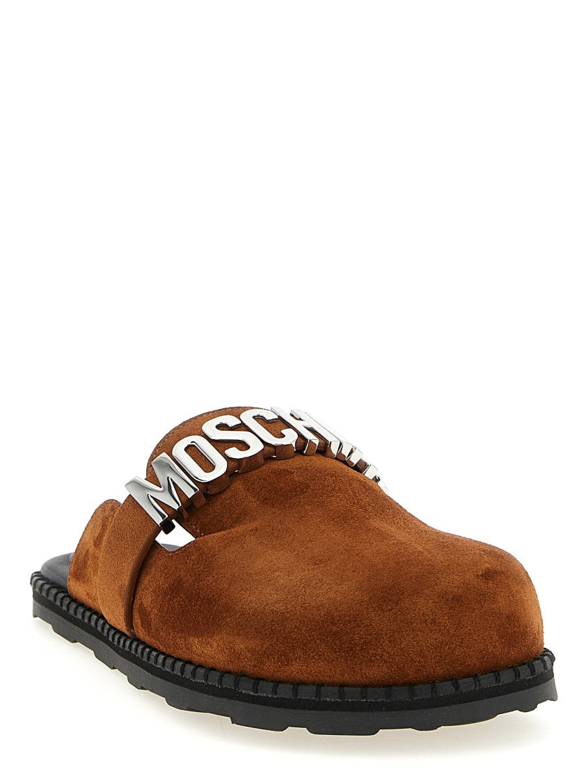 Moschino Polka Dot-Effect Suede Sabots With Metal Logo Strap